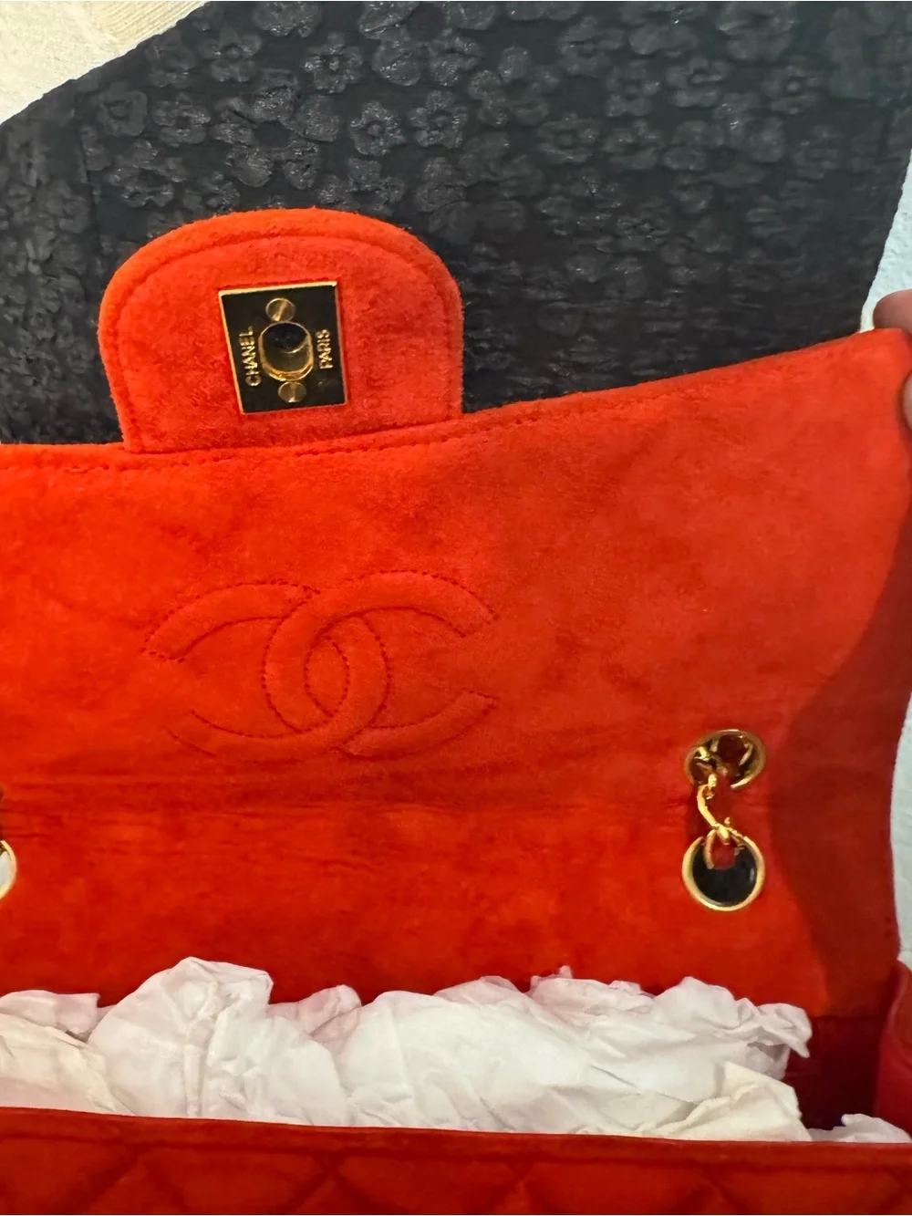CHANEL Red Quilted Suede Shoulder Bag with Gold Chain